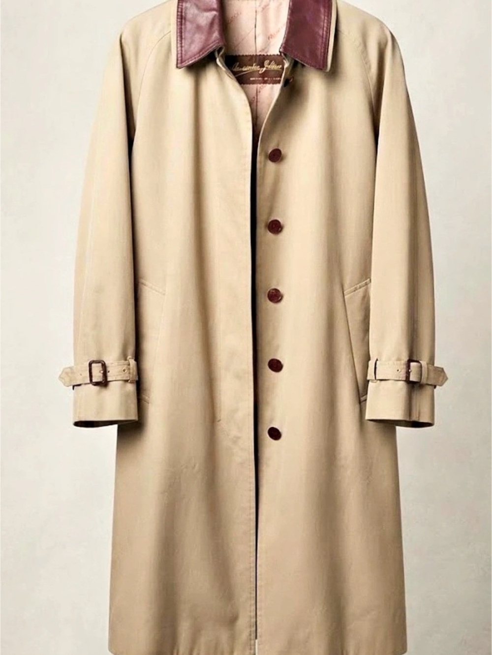 Vintage Etienne Aigner Tan Trench Coat with Burgundy Leather Collar – Size 14 Re